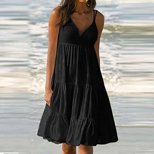Kadın Elbise Yaz Casual V Boyun Kolsuz Plaj Midi Elbiseler Ruffles Katmanlı Alevlendi Elbise Bir Çizgi Salıncak T-Shirt
