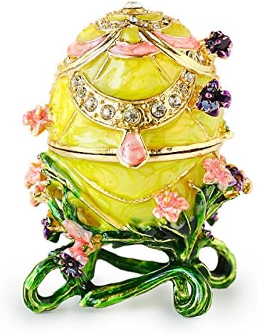 El-Boyalı Çiçekli Faberge Yumurta ile Zengin Emaye ve Köpüklü Rhinestones Takı Biblo Kutusu