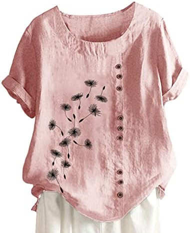 Büyük boy Kısa Kollu Gömlek Kadın Pamuk Keten Düğme Tee Gömlek Gevşek Fit Çiçek Bluz Tunikler 2023 Yaz Tees Tops