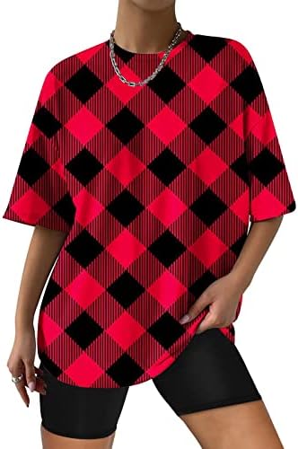Kırmızı ve Siyah Ekose Gömlek Kadınlar için Yaz Basit T Shirt Hafif Yumuşak Aktif Koşu Tee Gömlek Kısa Kollu Üst