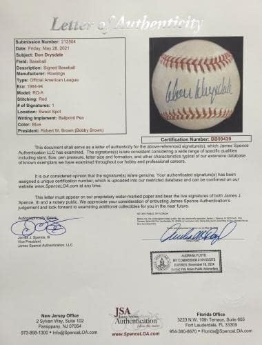 Don Drysdale İmzalı Amerikan Beyzbol Ligi, JSA LOA İmzalı Beyzbol Topları