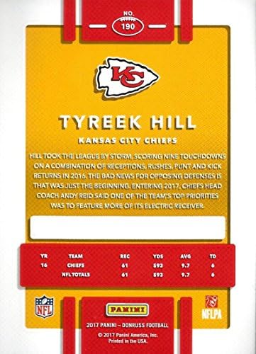 2017 Donruss 190 Tyreek Hill Kansas City Chiefs Futbol Kartı