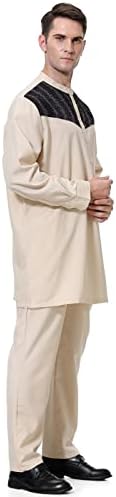 Erkek Kıyafetler 2 Parça Setleri Uzun Kollu Pantolon Eşofman Renk Blok Müslüman Elbise Düğme Gömlek ve Rahat Pantolon