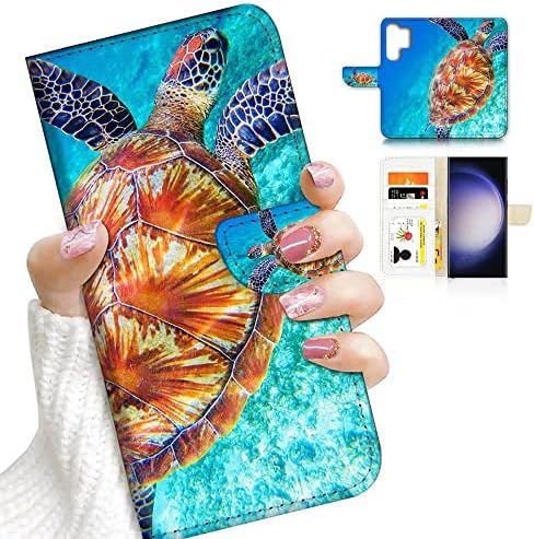 samsung S23 Ultra, Samsung Galaxy S23 Ultra, Tasarlanmış cüzdan kılıf telefon kılıfı Kapak, A23158 Mavi Deniz Kaplumbağası