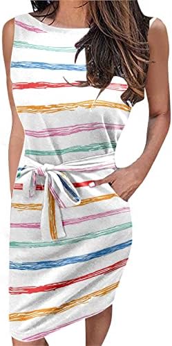 Bayan Kemer Mini Elbise Yaz Moda Çizgili Kısa Kollu Crewneck Plaj Sundress Slim Fit Cep rahat elbise