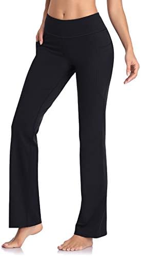 HİSKYWİN İç Cep Yoga Pantolon 4 Yönlü Streç Karın Kontrol Egzersiz Koşu Pantolon, Uzun Bootleg Flare Pantolon