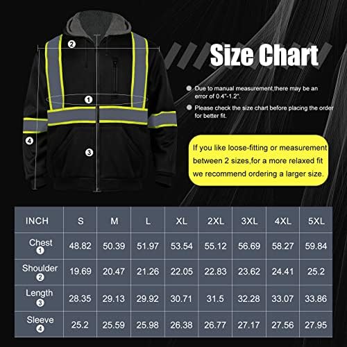 Sicalobo Yüksek Görünürlük Hoodie Erkekler için, Güvenlik Ceketleri Kış Siyah Yansıtıcı Ceket, Sınıf 3 Yüksek Görünürlük
