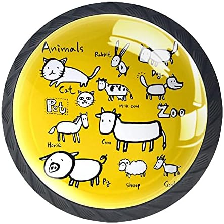 KRAİDO Hayvanat Bahçesi Hayvan Sarı Desen Çekmece Kolları 4 Adet Yuvarlak Dolap Topuzu Vidalar ile Ev Ofis için Uygun