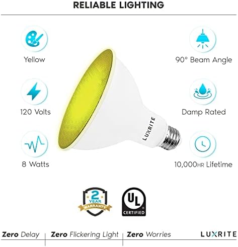 Luxrite LED PAR38 sel sarı ampuller, 8W (45W Eşdeğeri), Sarı sel ışık LED Ampul, Nem Oranı, UL Listeli, E26 Taban,