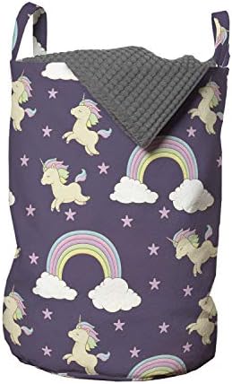 Lunarable Unicorn Çamaşır Torbası, Yıldız Dolgulu Arka Plan üzerinde Karikatür Tarzı Hayvan ve Gökkuşağı Tasarımı,