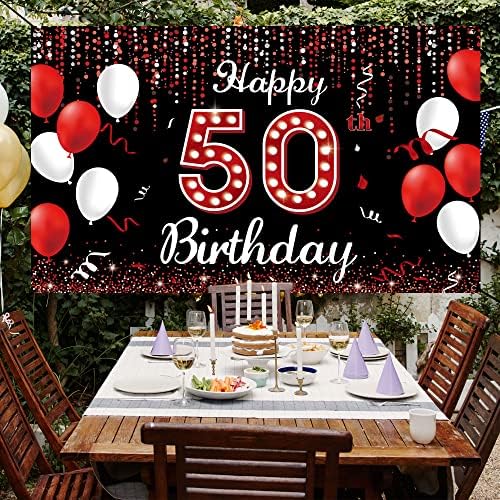 50th Doğum Günü Dekorasyon Zemin Afiş, Kadınlar için Mutlu 50th Doğum Günü Süslemeleri, Kırmızı Siyah Beyaz 50 Yaşında