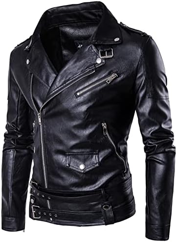 Deri ceketler Erkekler için, Erkek Motosiklet Ceket Sahte Bombacı Palto Casual Yaka Asimetrik Zip-Up Kemer Slim Fit