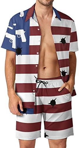 Amerikan Bayrağı Silahlar ve Kurşun Delikleri erkek 2 Parça Plaj Kıyafetleri Hawaiian Düğme Aşağı Kısa Kollu Gömlek