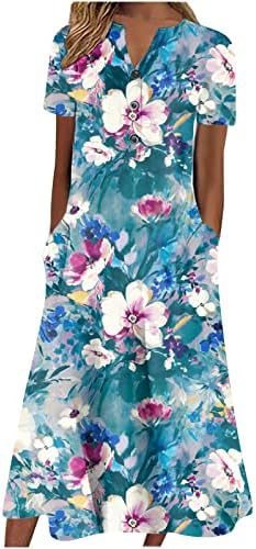 Kadın Yaz Casual Maxi Elbiseler Kısa Kollu V Boyun Sundress Düğme Up Çiçek Gevşek Tunik Plaj Elbise Cepler ile