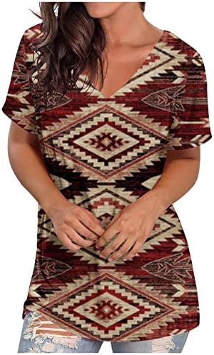 V Boyun T Shirt Kadınlar için Gevşek Casual Hawaiian Bluz Tribal Aztek Baskı Yaz Üstleri Vintage Etnik Geometrik