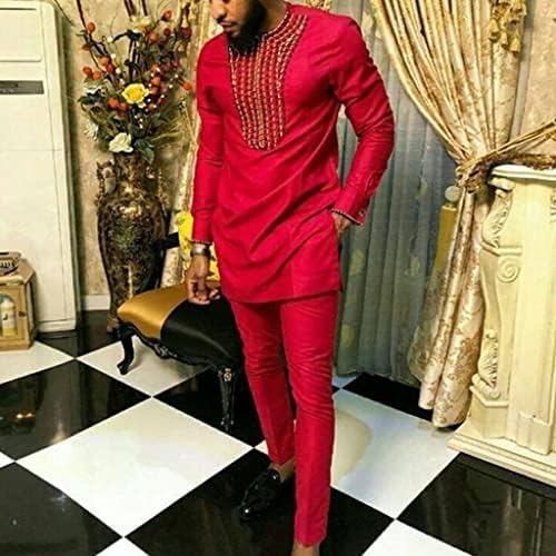 Erkek Afrika 2 Parça Set Dashiki Takım Elbise Kıyafetler Geleneksel Uzun Kollu Nakış Üst Gömlek ve Pantolon Slim